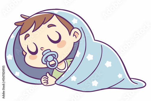 Vector cute Baby Boy cartoon character, with a contented sigh and closed eyes, snuggled in a soft blanket with a pacifier, in a calm, sleepy style, isolated on white background