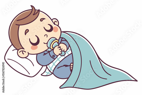 Vector cute Baby Boy cartoon character, with a contented sigh and closed eyes, snuggled in a soft blanket with a pacifier, in a calm, sleepy style, isolated on white background