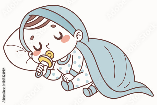 Vector cute Baby Boy cartoon character, with a contented sigh and closed eyes, snuggled in a soft blanket with a pacifier, in a calm, sleepy style, isolated on white background
