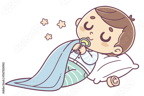 Vector cute Baby Boy cartoon character, with a contented sigh and closed eyes, snuggled in a soft blanket with a pacifier, in a calm, sleepy style, isolated on white background