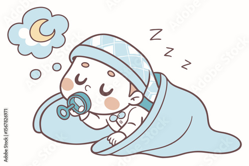 Vector cute Baby Boy cartoon character, with a contented sigh and closed eyes, snuggled in a soft blanket with a pacifier, in a calm, sleepy style, isolated on white background