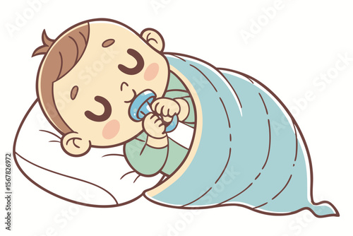 Vector cute Baby Boy cartoon character, with a contented sigh and closed eyes, snuggled in a soft blanket with a pacifier, in a calm, sleepy style, isolated on white background