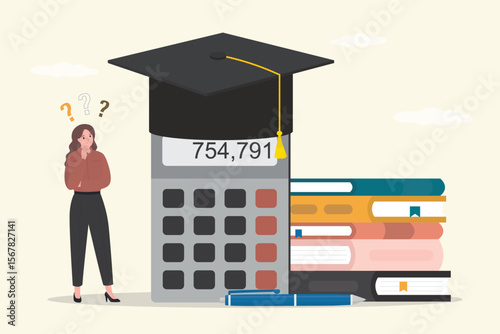 Expensive cost for education. Student girl standing near mortarboard cap and calculator. Student loan calculation, education budget allocation, university expense and debt pay off,