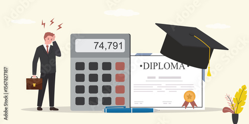 Expensive cost for education. Male student standing near mortarboard, diploma and calculator. Student loan calculation, education budget allocation