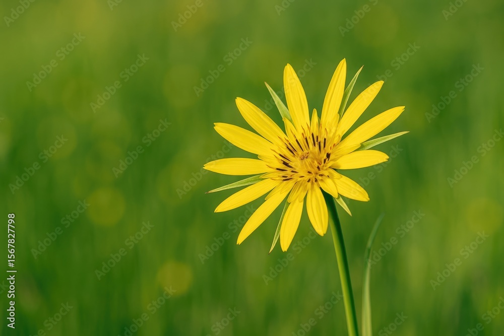 Obraz premium Vibrant yellow wildflower blooming in a sunlit field with a blurred background. Salsify plant species. Focus on the flower.