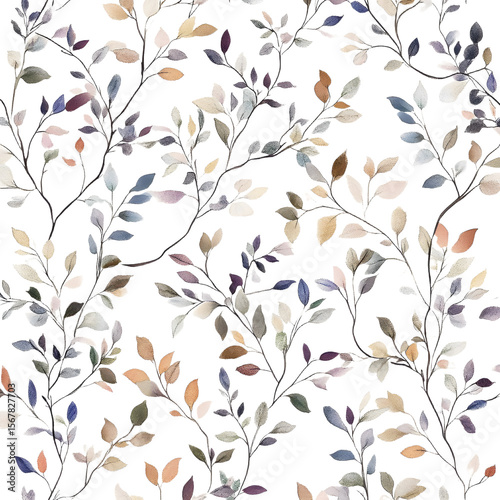 Seamless pattern with tree branches and leaves for surface design and other design projects. modern trend drawing in line art style. Delicate small leaves in watercolor style