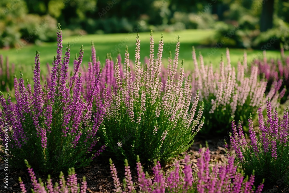 Obraz premium Seasonal floral display featuring blooming heathers in a park or garden setting