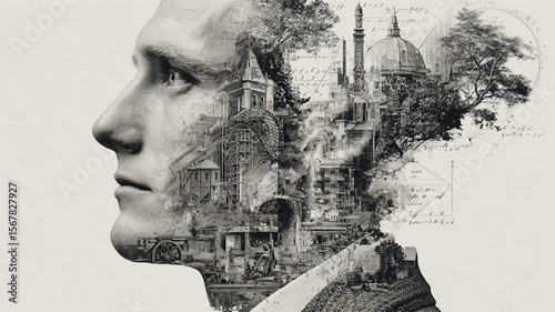 Double exposure of person head with architectural elements, trees, and mathematical formulas creating thoughtful and creative visual