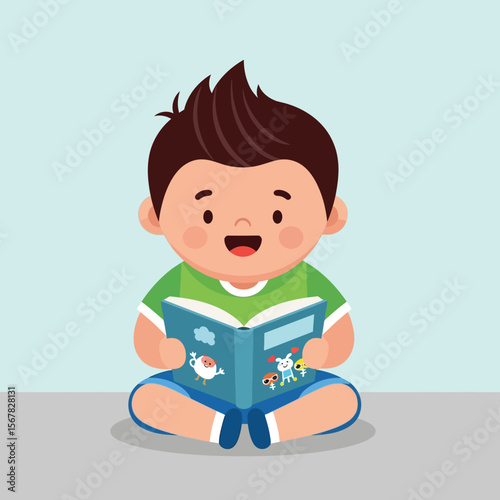Happy Cartoon Boy Reading Book