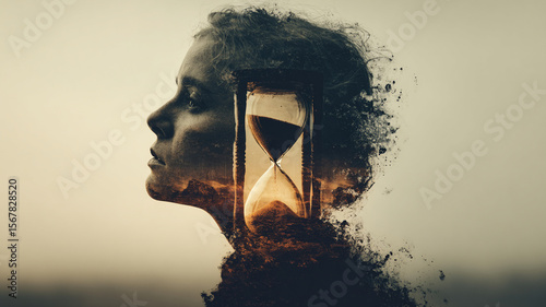 Double exposure of silhouette and hourglass symbolizing passage of time and reflection in creative artistic style