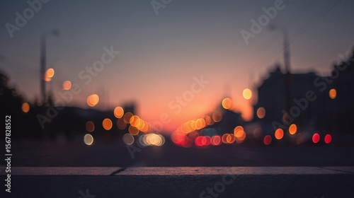 minimalistic bokeh background of a city during sunset at blue hour time