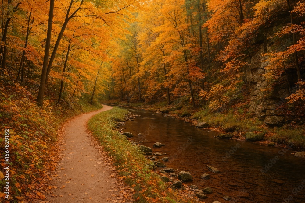 Fototapeta premium A calm autumn stroll through a forested area with colorful leaves, a gentle stream, and rugged cliffs lining the trail