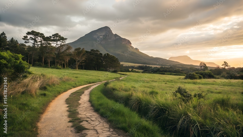 Fototapeta premium Golden Hour Mountain Path A Winding Trail Through a Verdant Field Towards a Majestic Peak Under an Overcast Sky.
