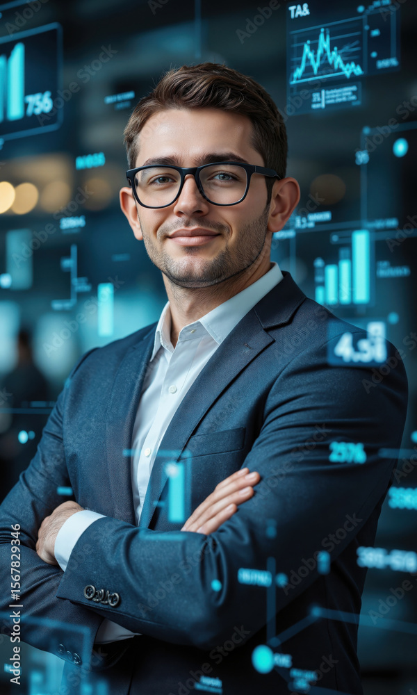 White male business leader with short hair and glasses, arms crossed with a confident smile while interacting with floating data White male business leader with short hair and glasses, arms crossed with a confident smile while interacting with floating data