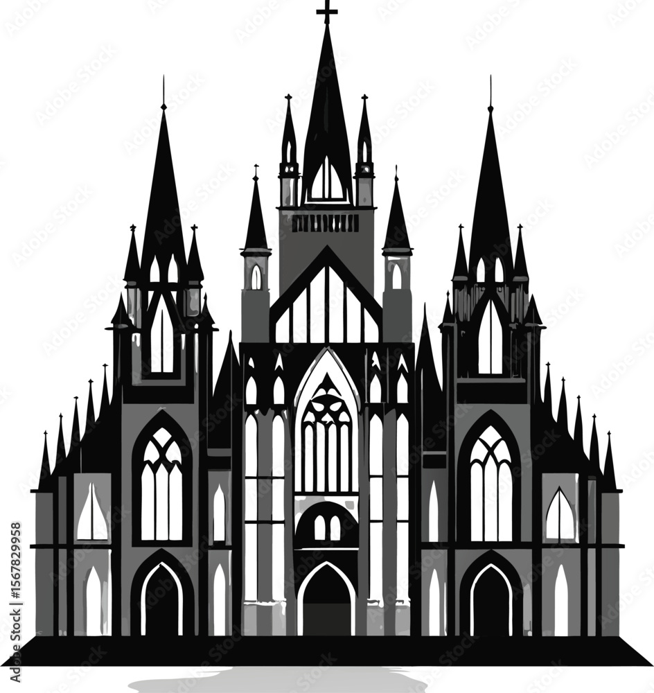 Fototapeta premium Majestic gothic cathedral with intricate spires and arched windows silhouette isolated on transparent background