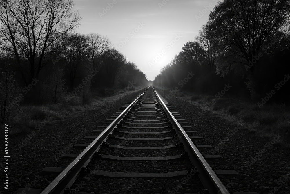 Monochrome train track scene featuring sunlight and shadows Monochrome train track scene featuring sunlight and shadows