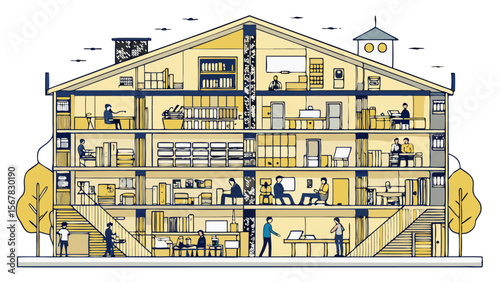 Vector art of crosssection of a multistory office building with people engaged in various work activities