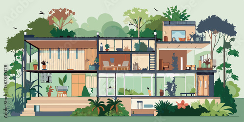 Vector art of a modern architectural house design with lush greenery and spacious interiors