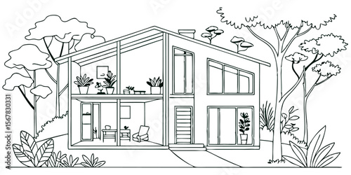 Vector art of modern house with a cutaway view revealing interior details and surrounding greenery