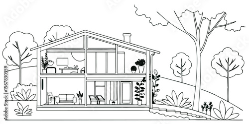 Vector art of modern house with a cutaway view showing interior spaces and a hillside setting