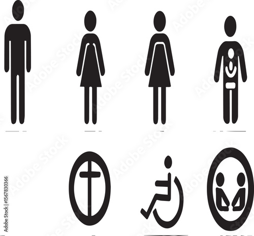 A set of eight restroom signs with different symbols including male female and accessibility icons