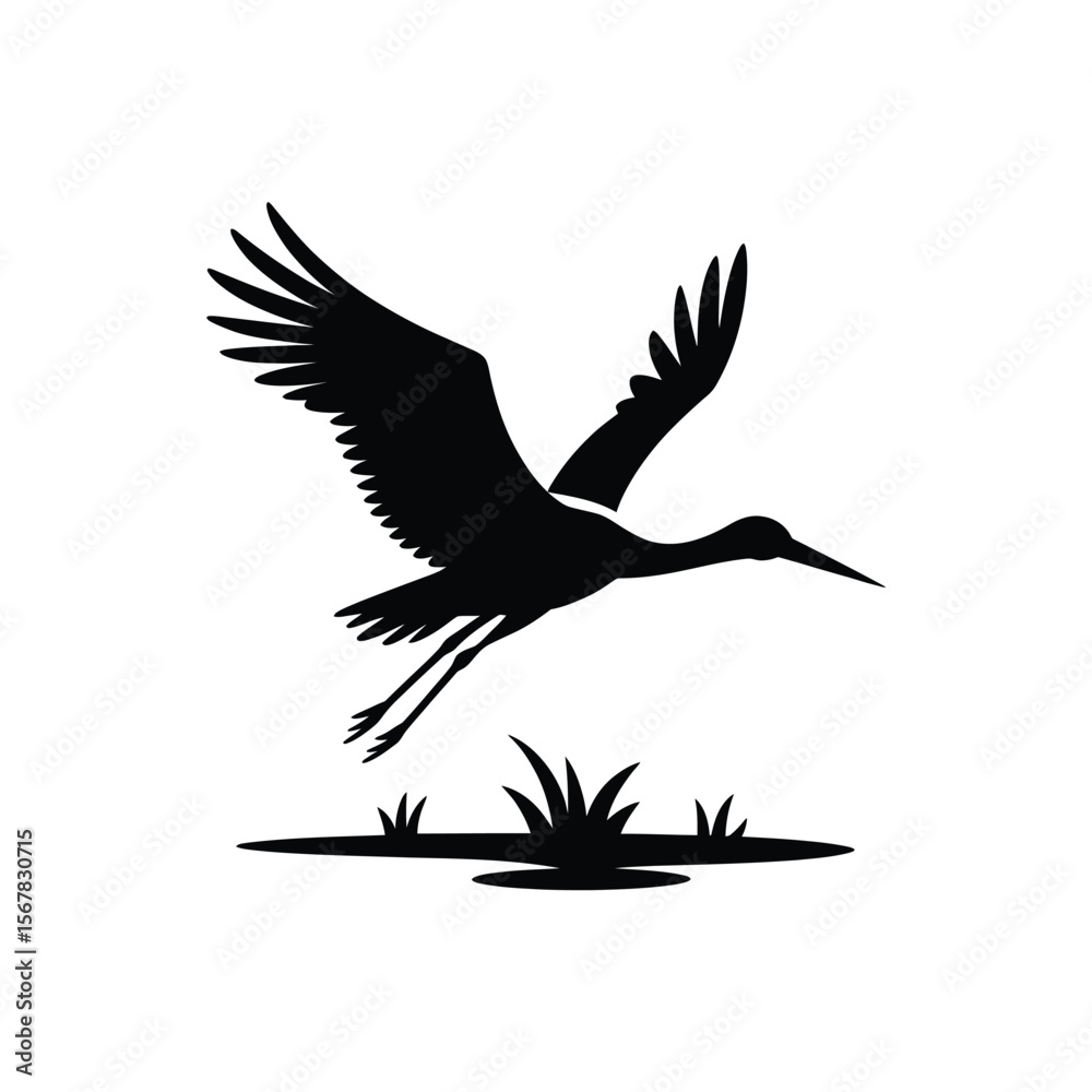 Fototapeta premium A minimalist black and white silhouette illustration of a flying stork against a white background