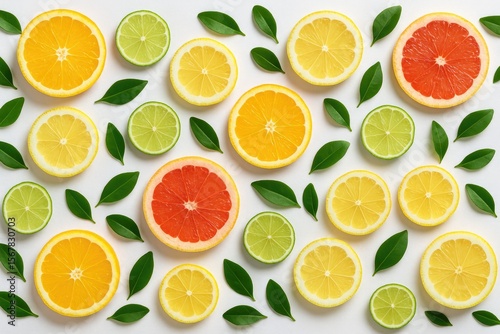 Wallpaper Mural Top-down view of vibrant citrus slices and greenery arranged on a white surface, perfect for summer themes and vitamin C ideas. Torontodigital.ca