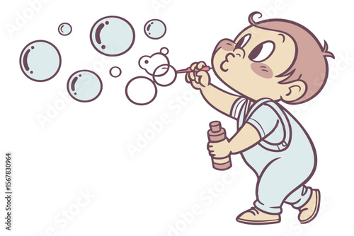 Vector cute Baby Boy cartoon character, with a determined look and puffed cheeks, trying to blow bubbles, wearing a light blue romper, in an adorable, active style, isolated on white background