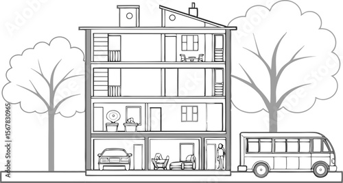 Vector art of a sketch of a multistory house with a car and bus, showing interior rooms