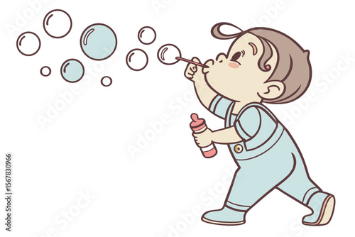 Vector cute Baby Boy cartoon character, with a determined look and puffed cheeks, trying to blow bubbles, wearing a light blue romper, in an adorable, active style, isolated on white background