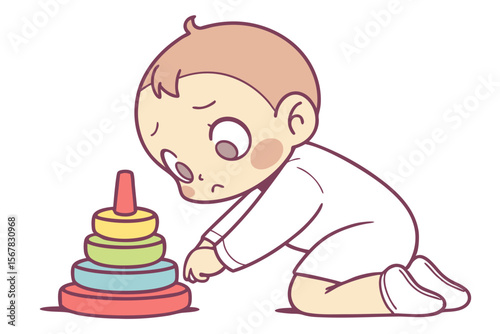 Vector cute Baby Boy cartoon character, with a determined frown and concentrated eyes, trying to stack colorful rings, wearing a simple white onesie, in a focused, adorable style, isolated on white ba