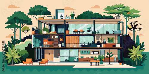 Vector art of a modern architectural house design with lush greenery and spacious interiors