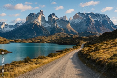 Stunning mountain scenery featuring a gravel pathway in southernmost Patagonia