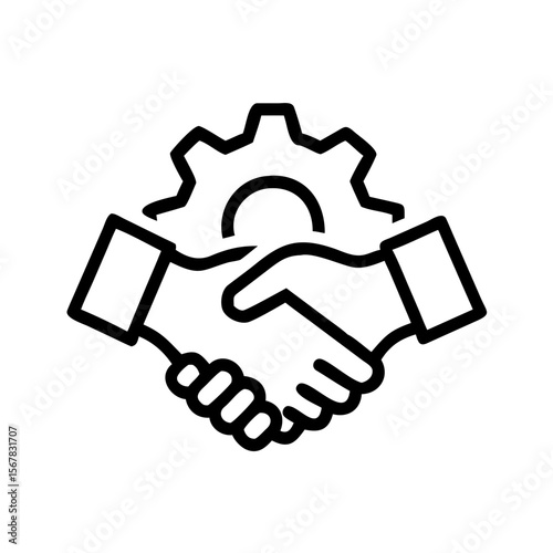 Handshake with gear logo in minimalist style on transparent background  