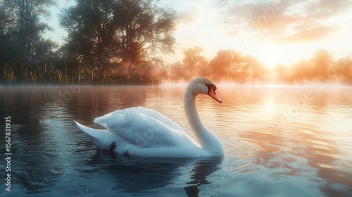 Fototapeta Naklejka Na Ścianę i Meble -  Serene swan gracefully glides on misty sunrise lake