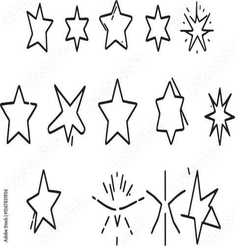 A collection of hand drawn star illustrations in various shapes and styles on a white background