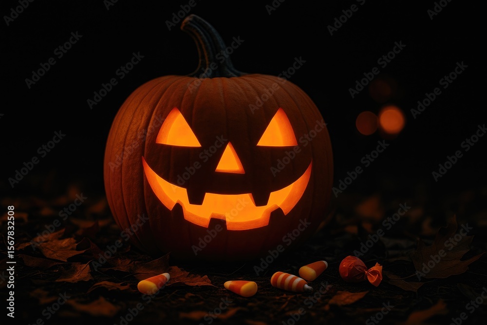 Fototapeta premium A cheerful pumpkin illuminated against the Halloween night sky