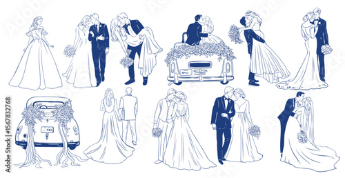 Romantic Bride and Groom Poses Linear Wedding Couple Illustrations, Hand Drawn Minimalist Clipart with Classic Car and Love Scenes