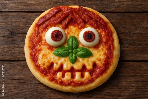 Spooky Halloween themed edible eye monster with mozzarella, basil, and sausage on rustic wooden surface for festive celebration