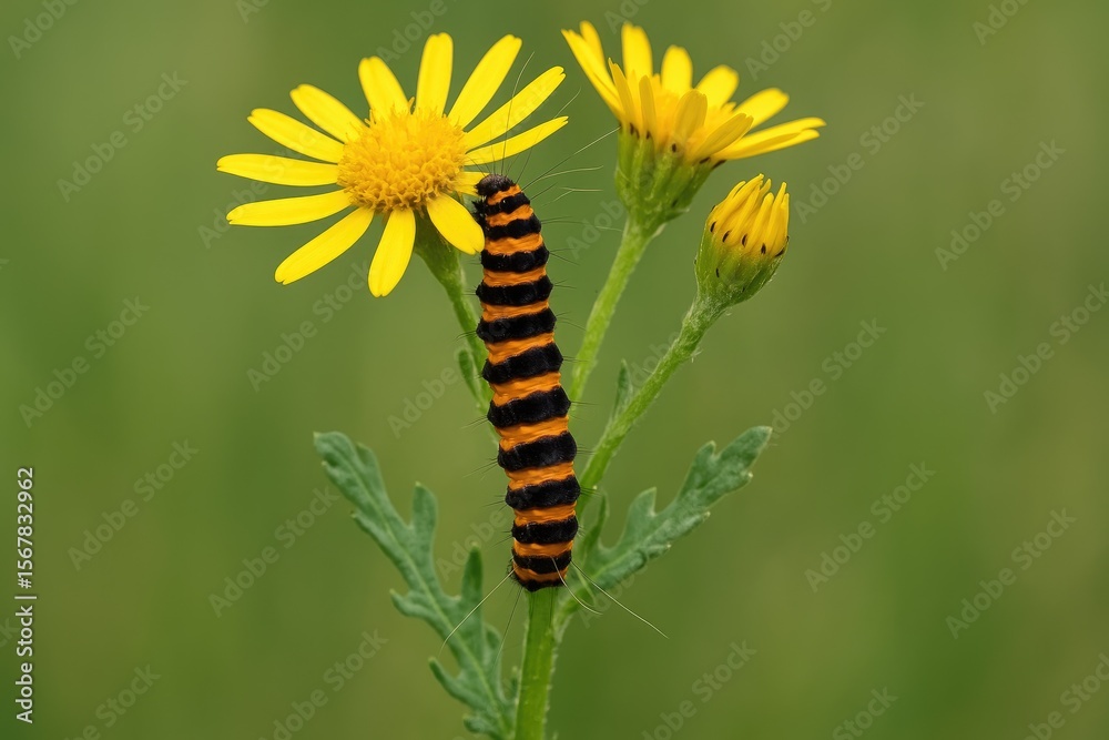 Fototapeta premium Vertical perspective of a caterpillar on a ragwort plant