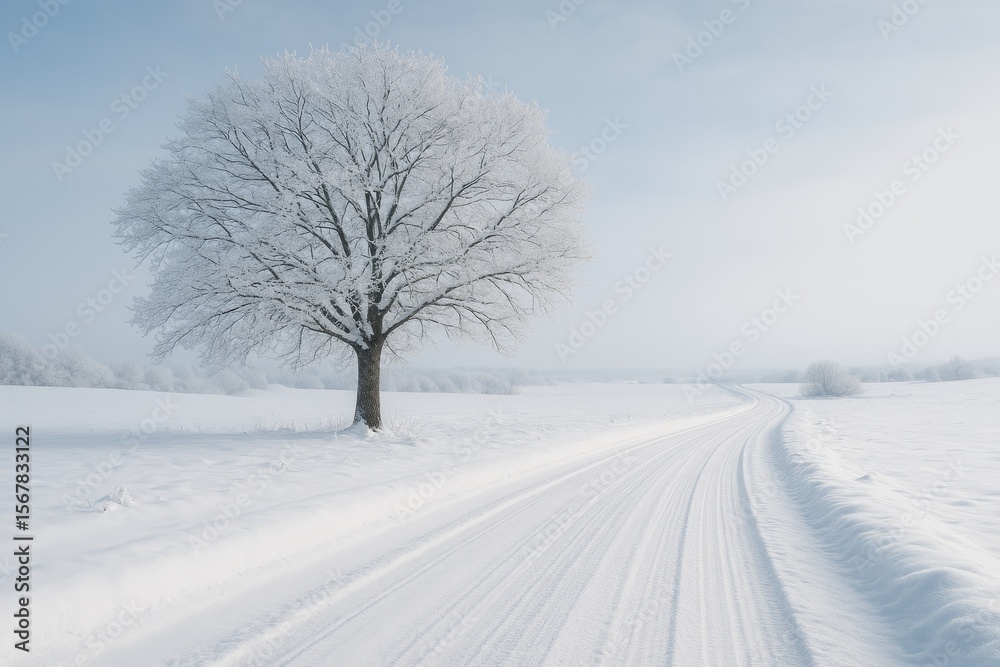 Fototapeta premium A snow-covered road with a solitary tree