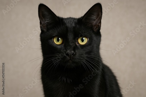 Portrait of a sleek black kitten with youthful features