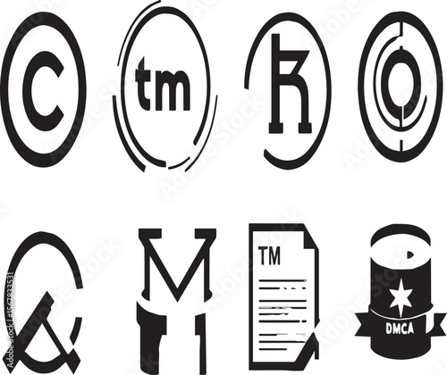 Collection of copyright trademark and dmca symbols in a flat design style on a white background