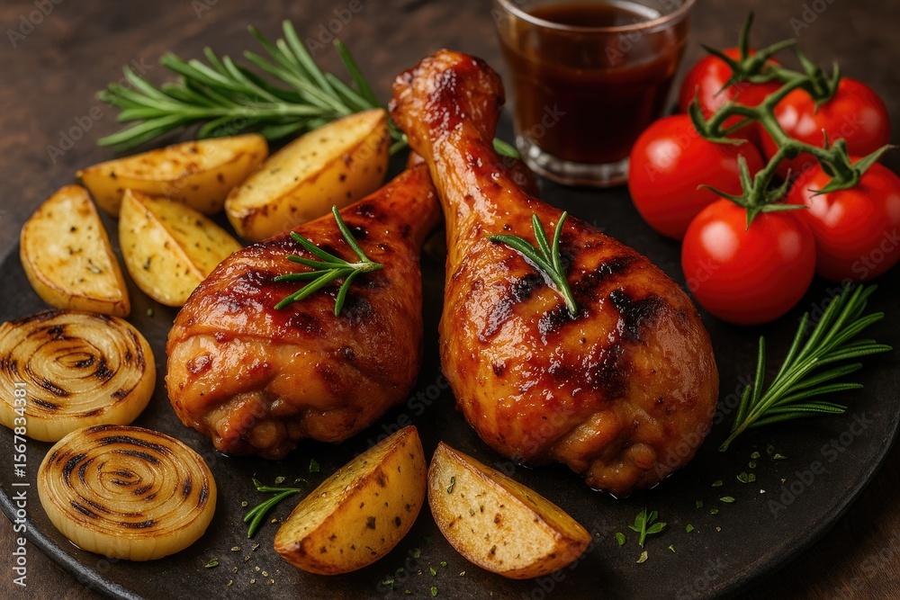 Grilled chicken drumsticks seasoned with rosemary and fresh tomato Grilled chicken drumsticks seasoned with rosemary and fresh tomato