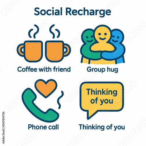 Social Recharge methods illustrated: coffee, hugs, phone calls, and thoughtful messages.