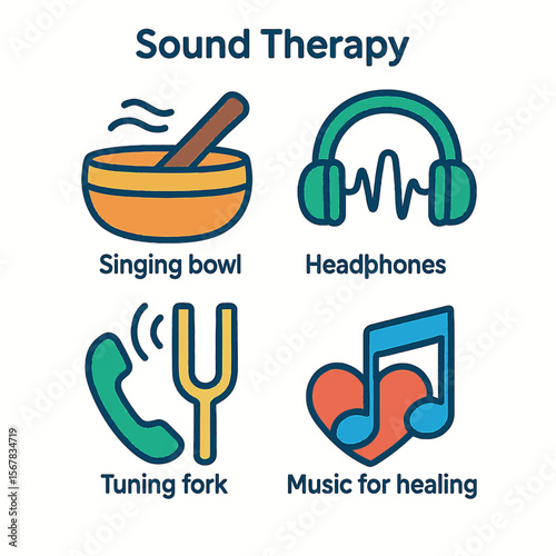 Colorful icons depicting various sound therapy tools and methods.