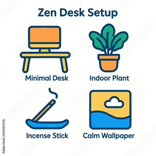 A calming and minimalist workspace setup featuring a desk, indoor plant, incense, and serene wallpaper.