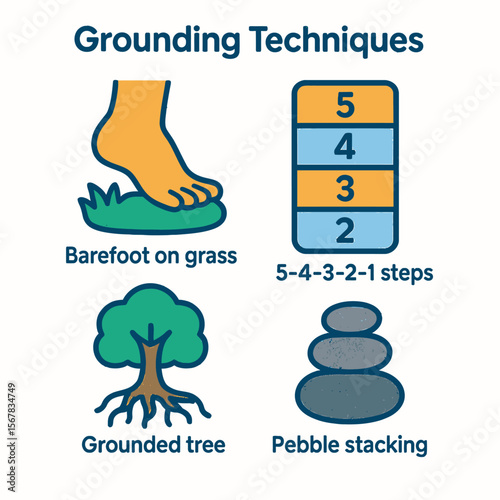 Illustration depicting grounding techniques: barefoot on grass, 5-4-3-2-1 steps, grounded tree, and pebble stacking.