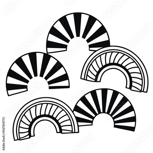 Black and White Abstract Fan Shapes Geometric Design Graphic Art Print Monochrome Pattern