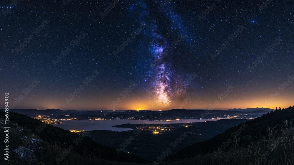 Fototapeta premium Majestic Milky Way arches over a serene landscape at night